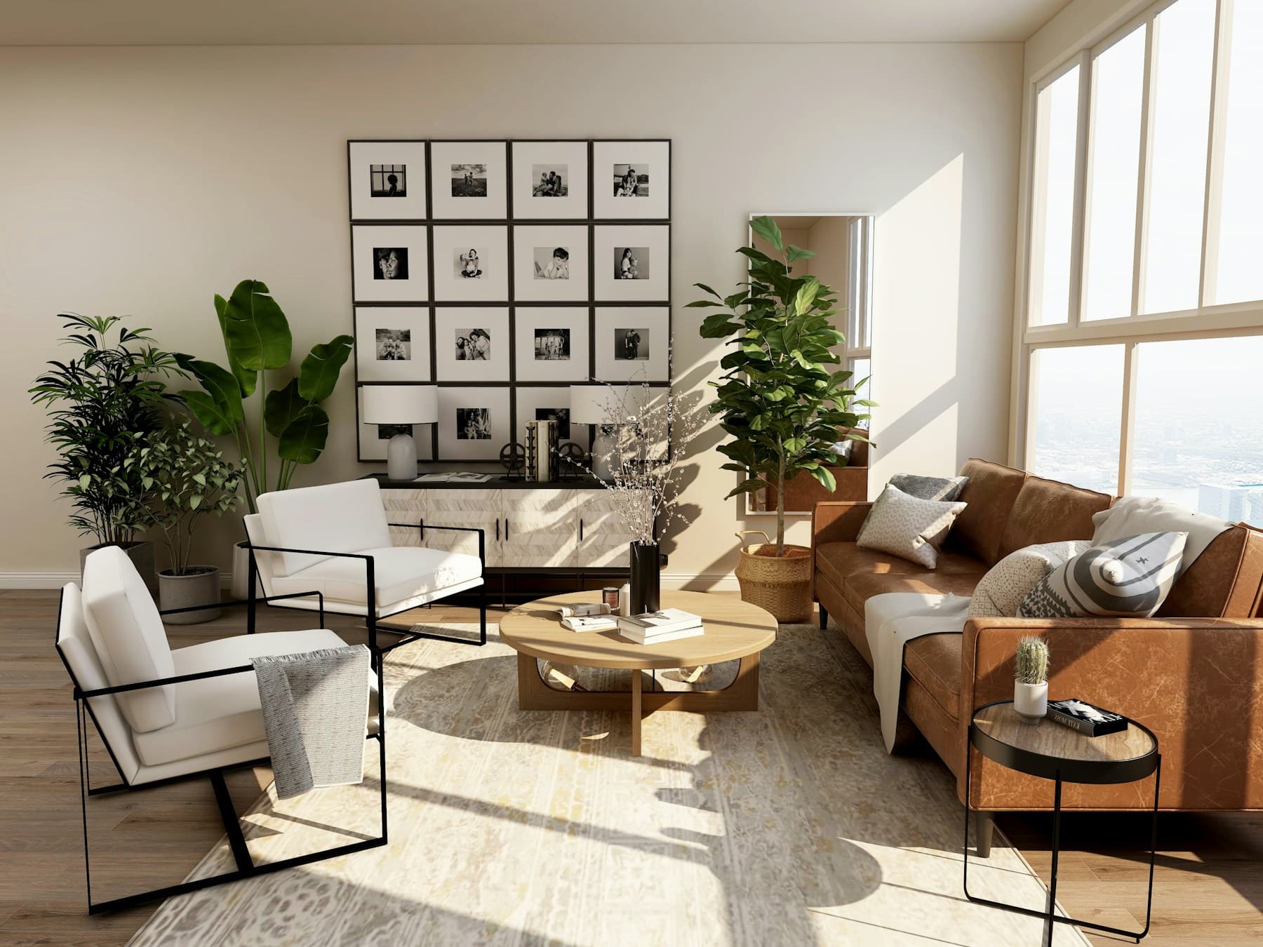 Sunlit lounge interior with tables and chairs