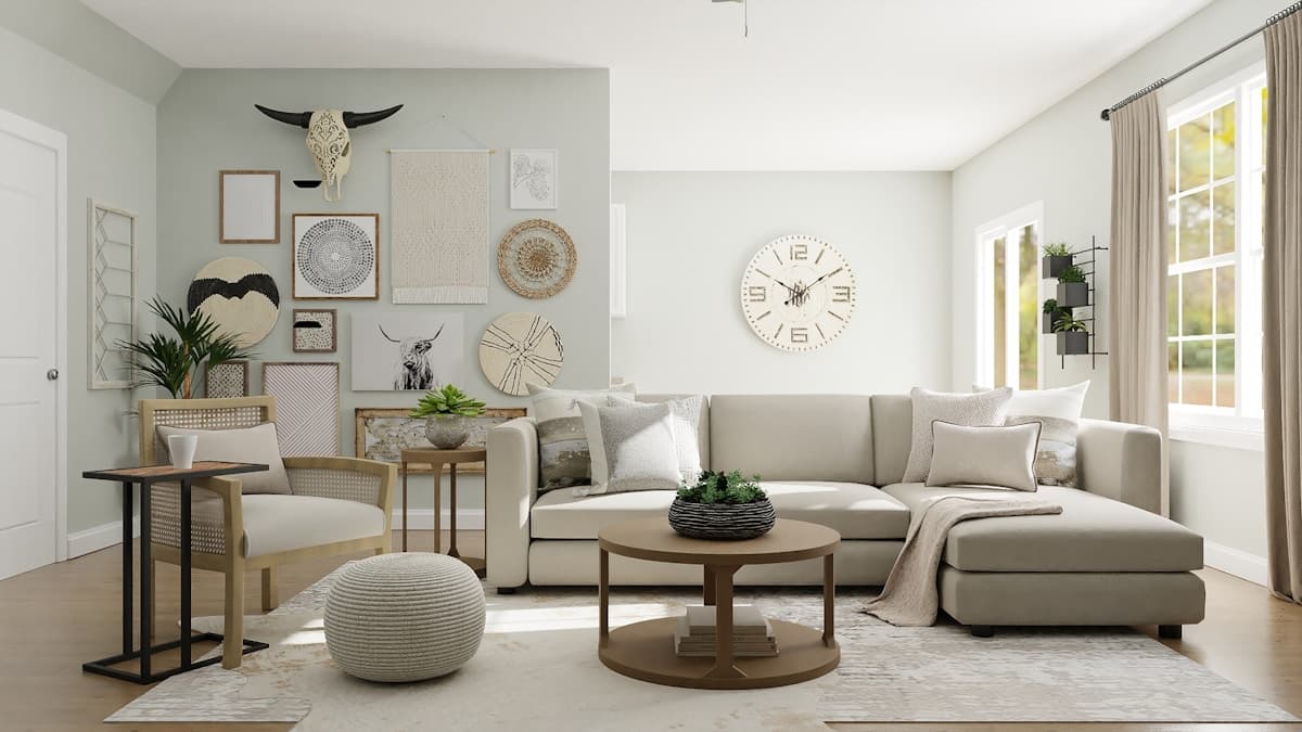 Sunlit interior atmosphere with sculptural furniture and decor
